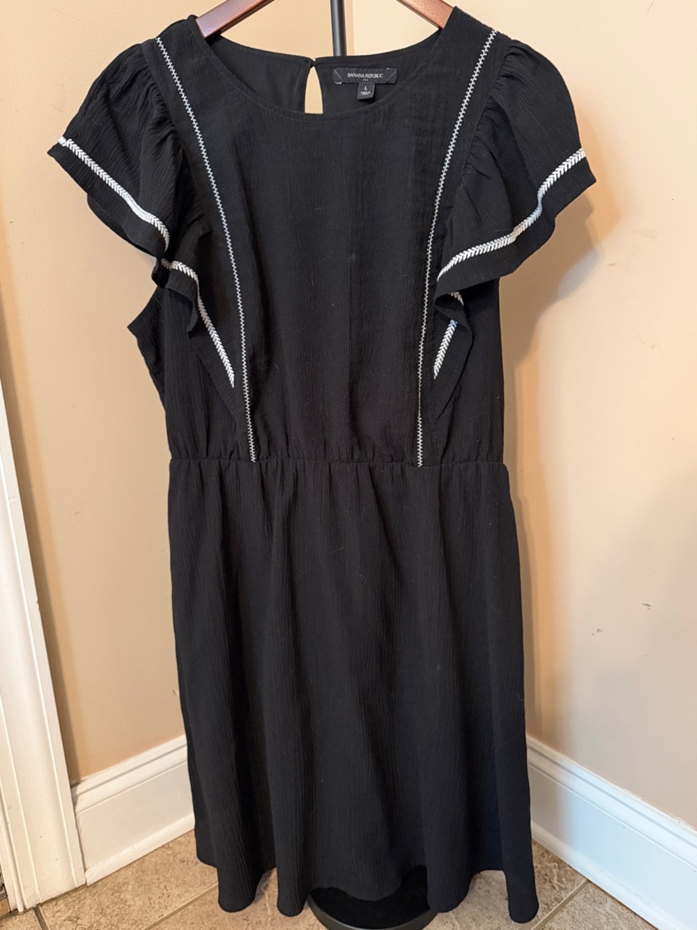 Banana Republic Black Midi Dress with White Trim Flutter Sleeves